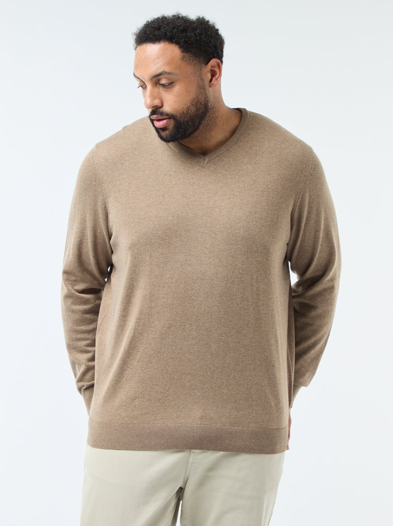 Maglione scollo a V in maglia fine Marrone - Kiabi