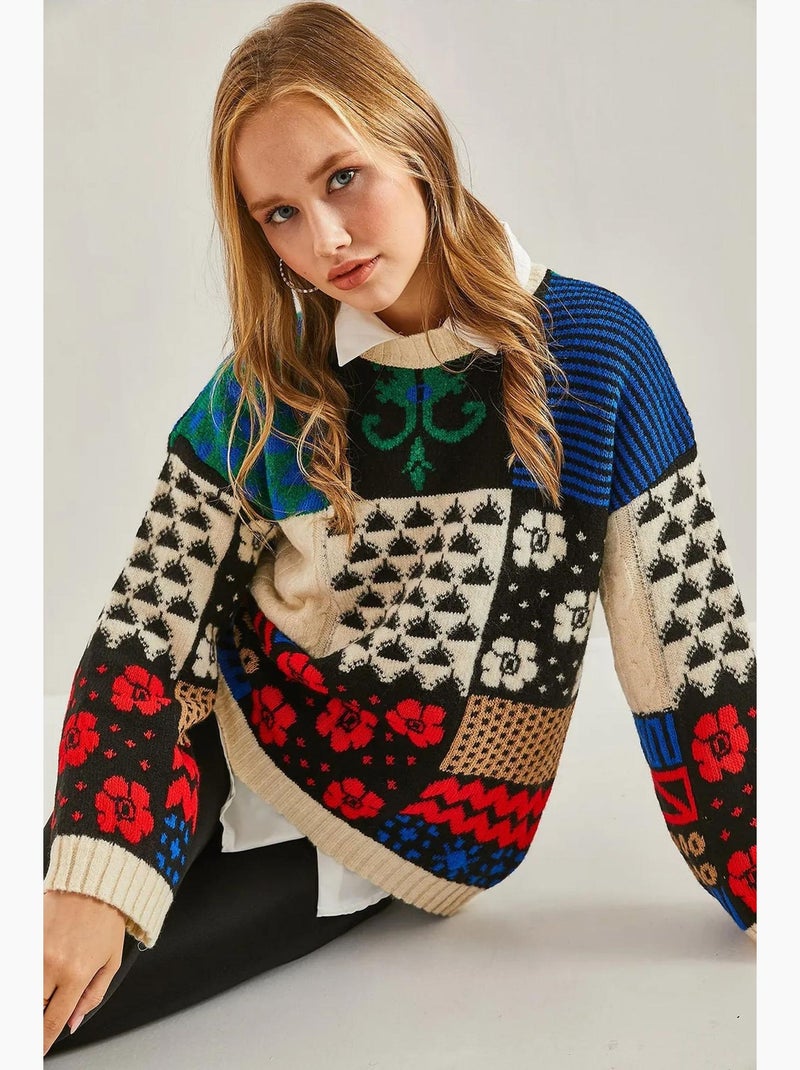 Maglione spesso in maglia a coste astratta con girocollo lucci Avorio - Kiabi