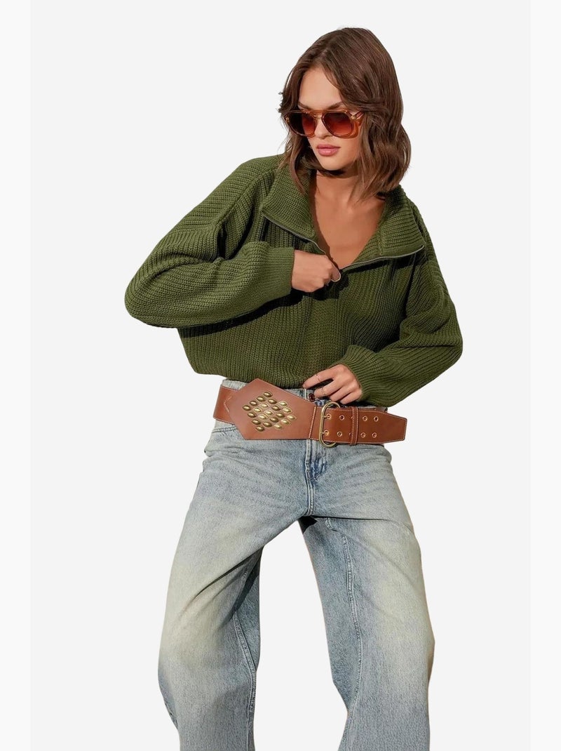 Maglione testurizzato a maniche lunghe con collo con zip mixray Cachi - Kiabi