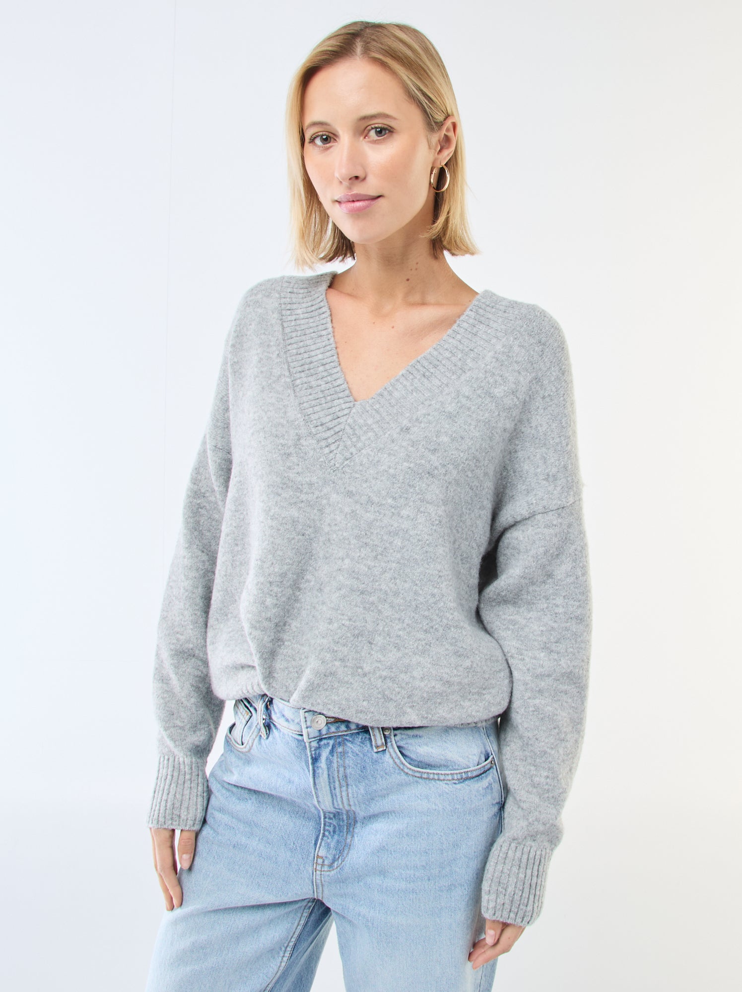 Maglia Donna Manica Lunga Scollo A V – Basic Elasticizzato Tinta Unita (grigio, Taglia XL) Per Autunno E Primavera