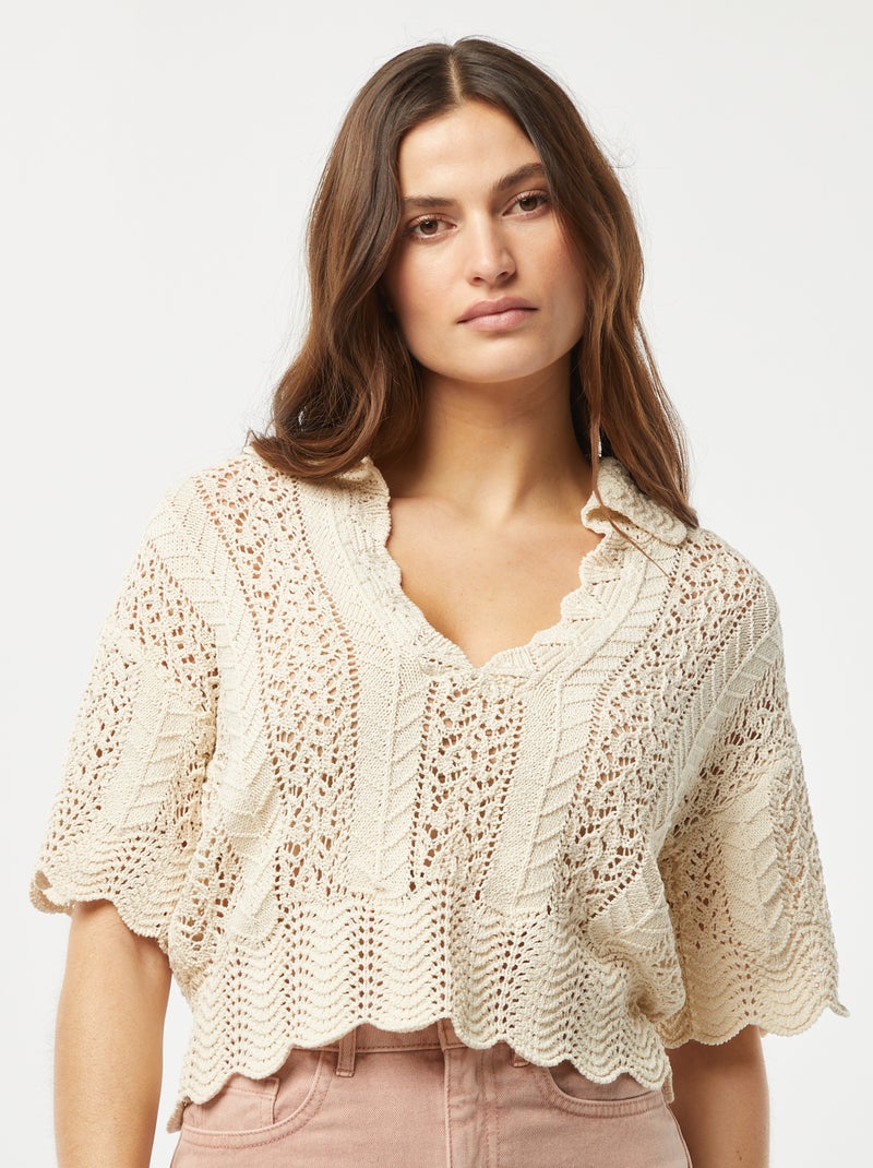 Maglione traforato con collo a polo Beige - Kiabi