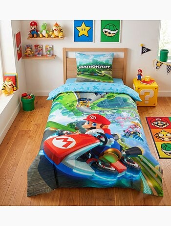 Mario Kart, Completo Letto per Bambino Stampato Reversibile Karting, Copripiumino 140x200 cm