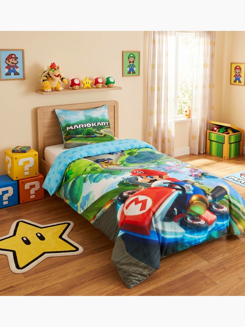 Mario Kart, Completo Letto per Bambino Stampato Reversibile Karting, Copripiumino 140x200 cm Blu - Kiabi