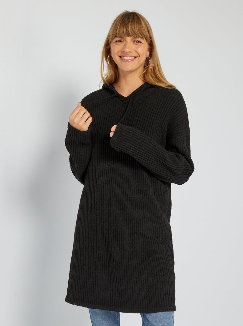 Maxi pull con cappuccio in maglia a costine NERO - Kiabi