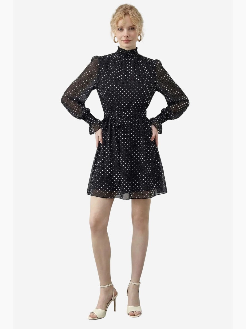 Mini abito a pois con mezzo dolcevita e cintura lucci Nero - Kiabi