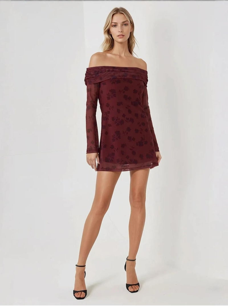 Mini abito aderente con spalle scoperte e motivo floreale Rosso - Kiabi