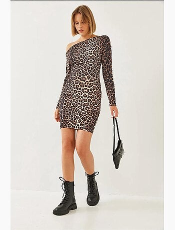 Mini abito con colletto asimmetrico e stampa leopardata lucci