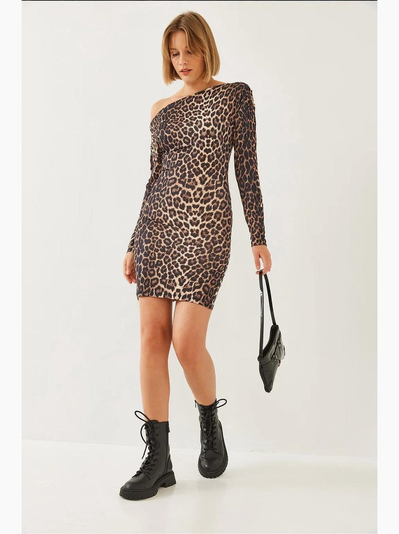 Mini abito con colletto asimmetrico e stampa leopardata lucci Beige naturale - Kiabi