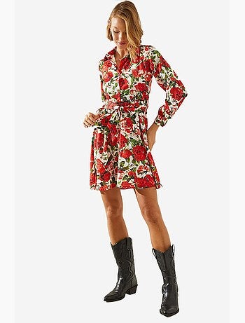 Mini abito con stampa floreale e cintura in colletto a camicia lucci
