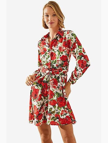 Mini abito con stampa floreale e cintura in colletto a camicia lucci