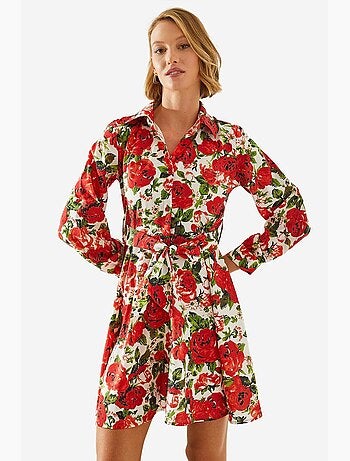 Mini abito con stampa floreale e cintura in colletto a camicia lucci