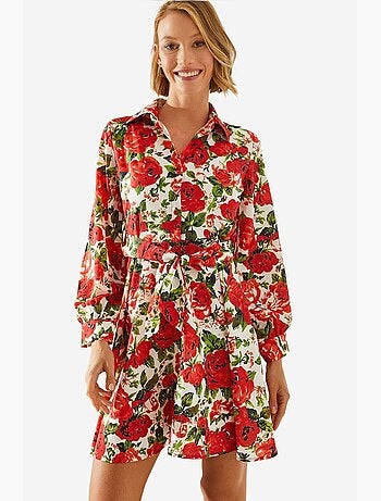 Mini abito con stampa floreale e cintura in colletto a camicia lucci