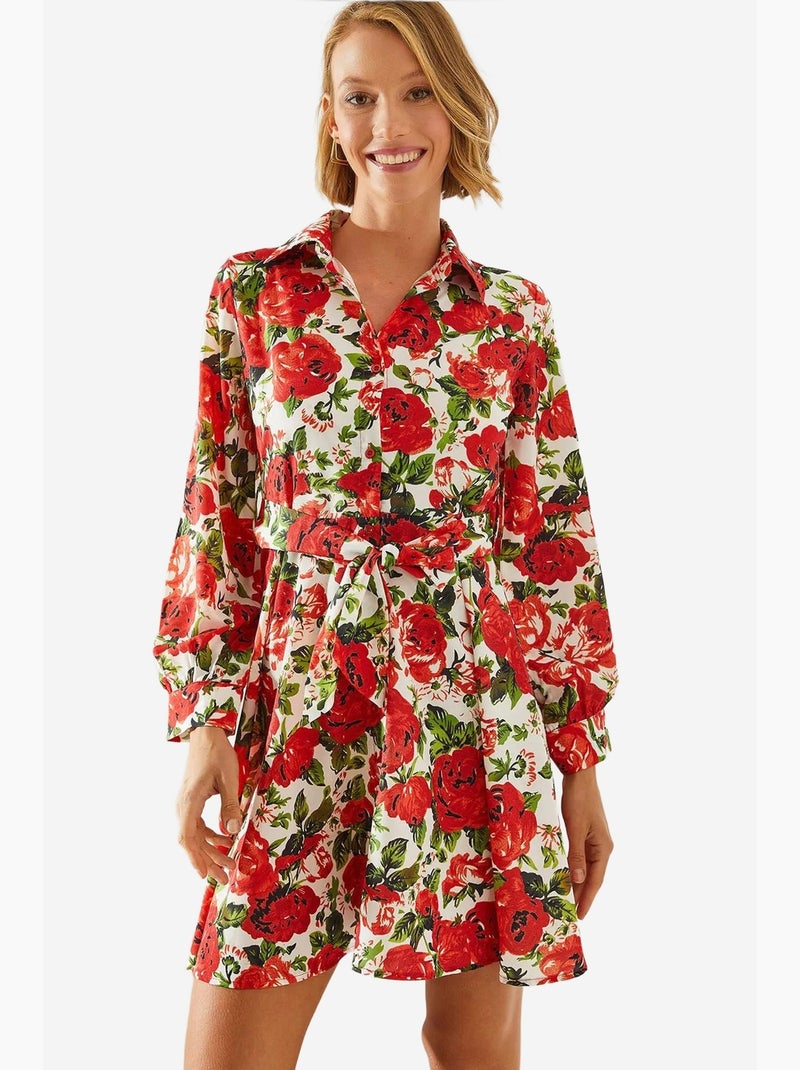 Mini abito con stampa floreale e cintura in colletto a camicia lucci Bianco Rosso - Kiabi