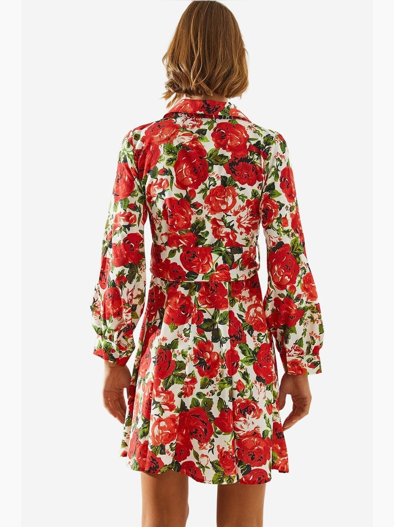 Mini abito con stampa floreale e cintura in colletto a camicia lucci Bianco Rosso - Kiabi