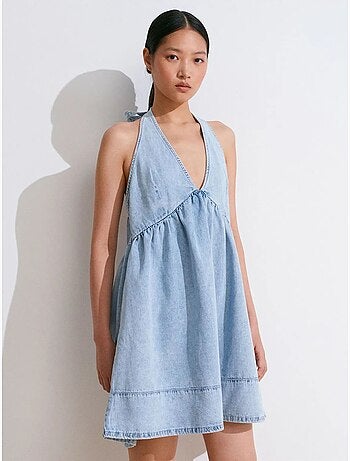 Mini abito halter in denim di cotone dilvin