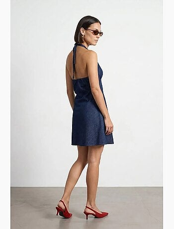 Mini abito halter in denim di cotone dilvin