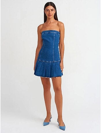 Mini abito in denim senza spalline aderente dilvin
