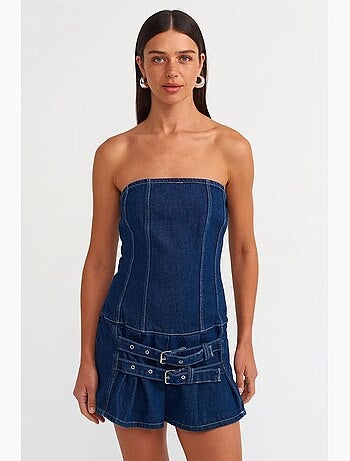 Mini abito in denim senza spalline con cintura dilvin