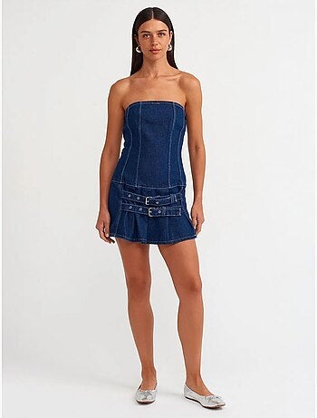Mini abito in denim senza spalline con cintura dilvin