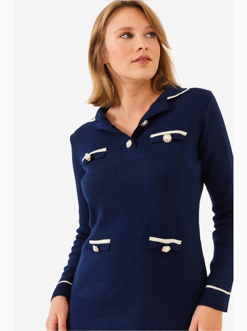 Mini abito in maglia a maniche lunghe con colletto a camicia, bottoni e tasche lucci - Kiabi