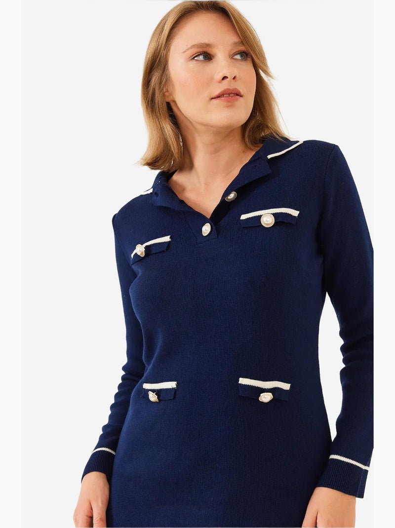 Mini abito in maglia a maniche lunghe con colletto a camicia, bottoni e tasche lucci Blu marino - Kiabi