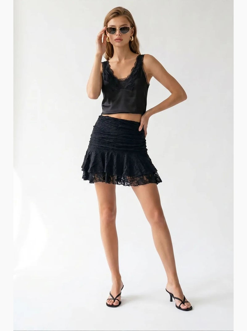 Mini gonna skater in pizzo a vita alta mixray Nero - Kiabi