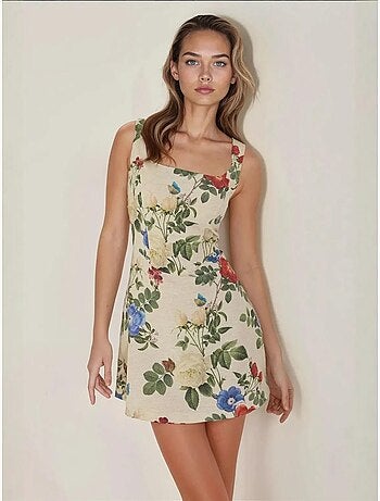 Miniabito in lino con scollo quadrato e motivo floreale
