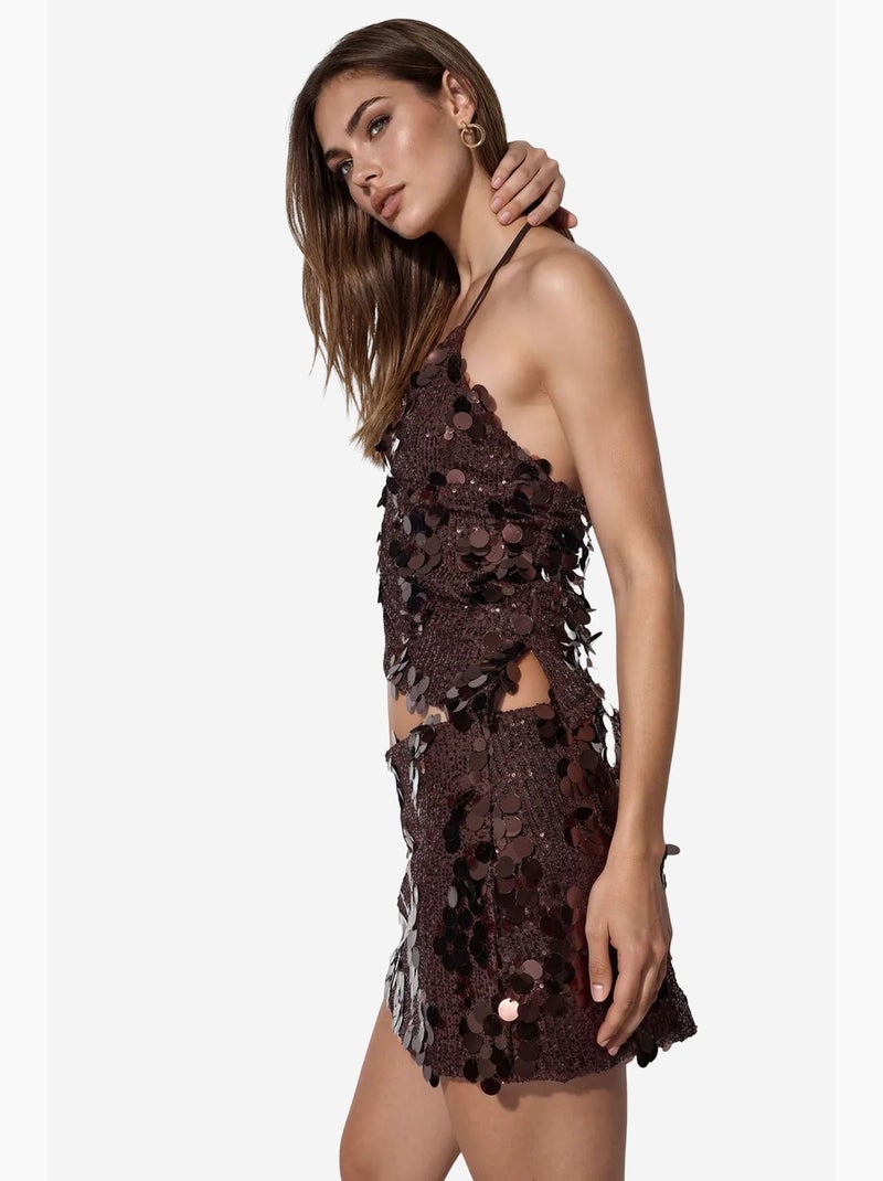 Minigonna da donna a vita alta a trapezio con paillettes busem Marrone cioccolato - Kiabi