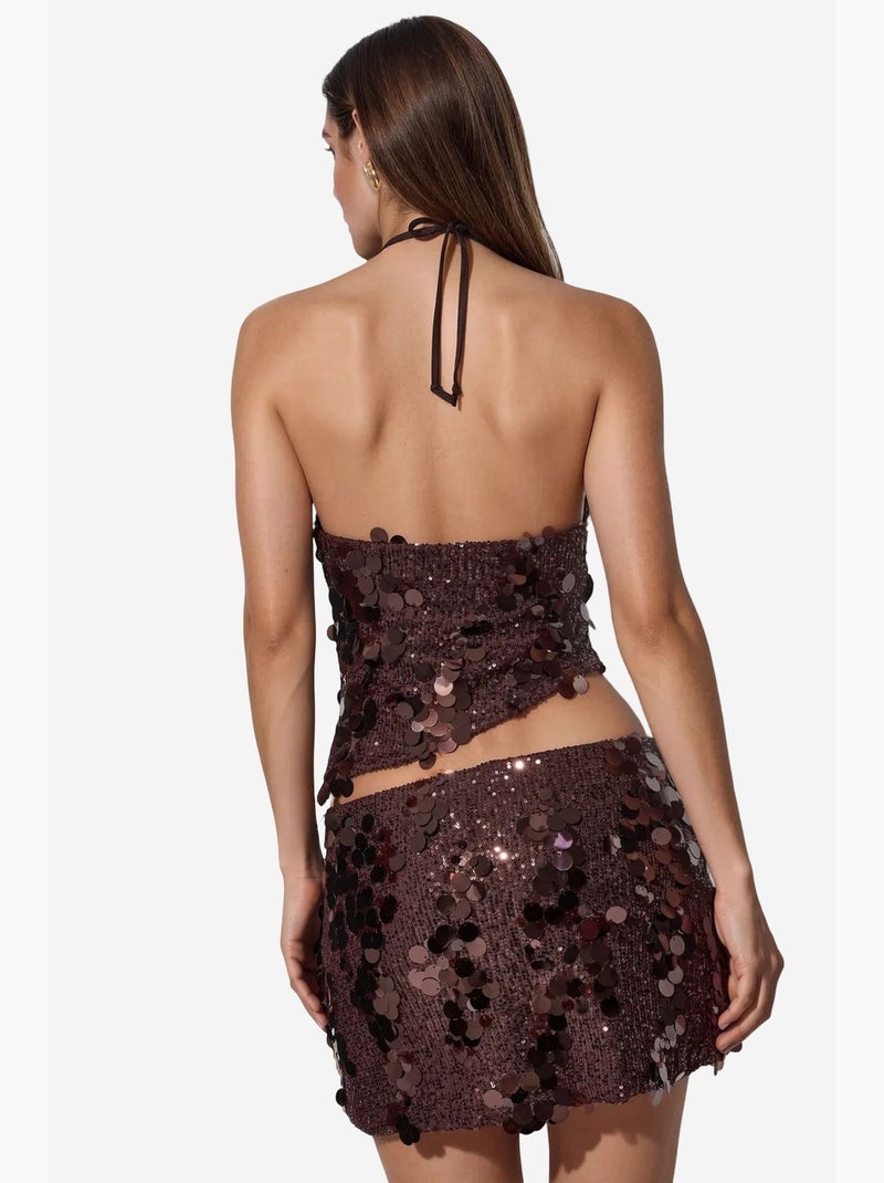 Minigonna da donna a vita alta a trapezio con paillettes busem Marrone cioccolato - Kiabi