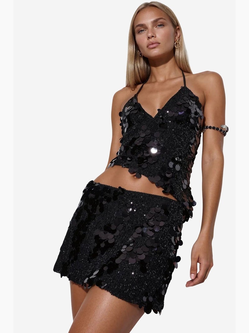 Minigonna da donna a vita alta a trapezio con paillettes busem Nero - Kiabi