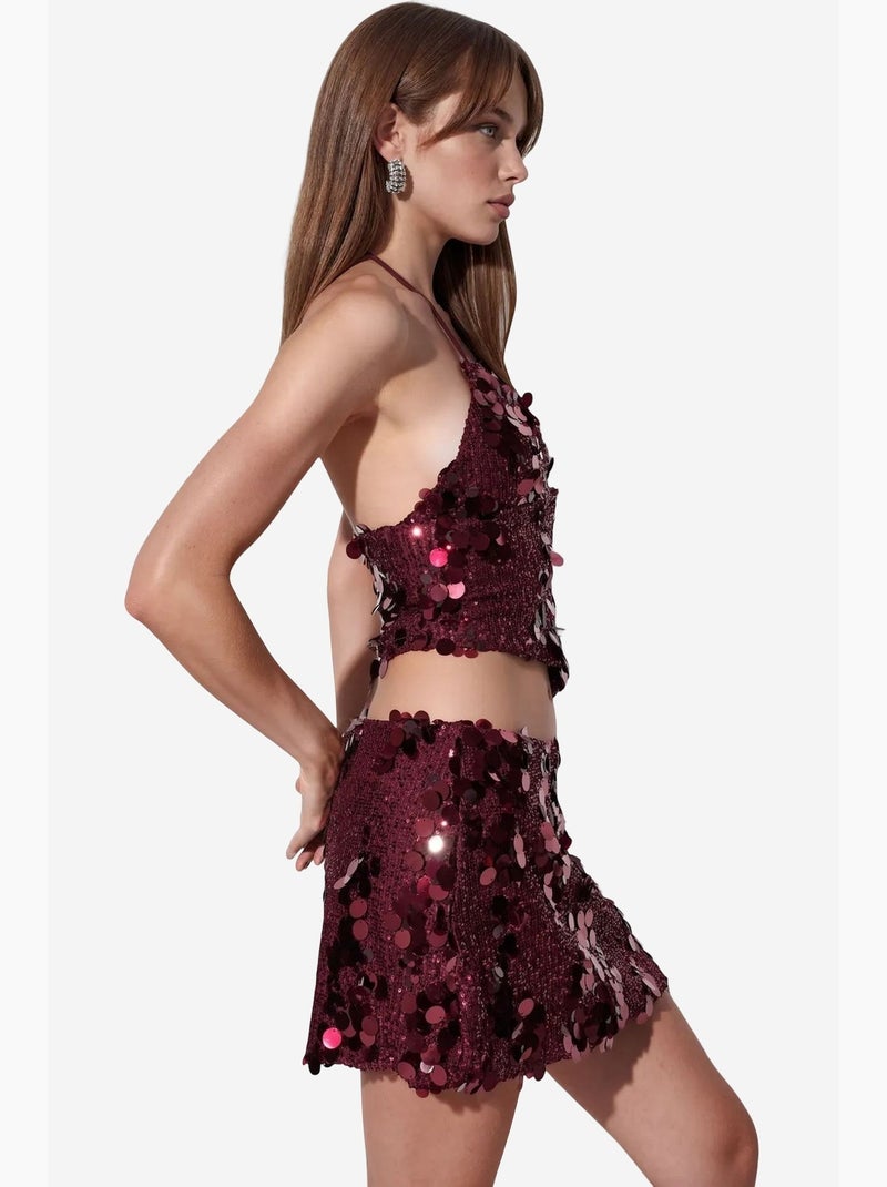 Minigonna da donna a vita alta a trapezio con paillettes busem Rosso bordeaux - Kiabi