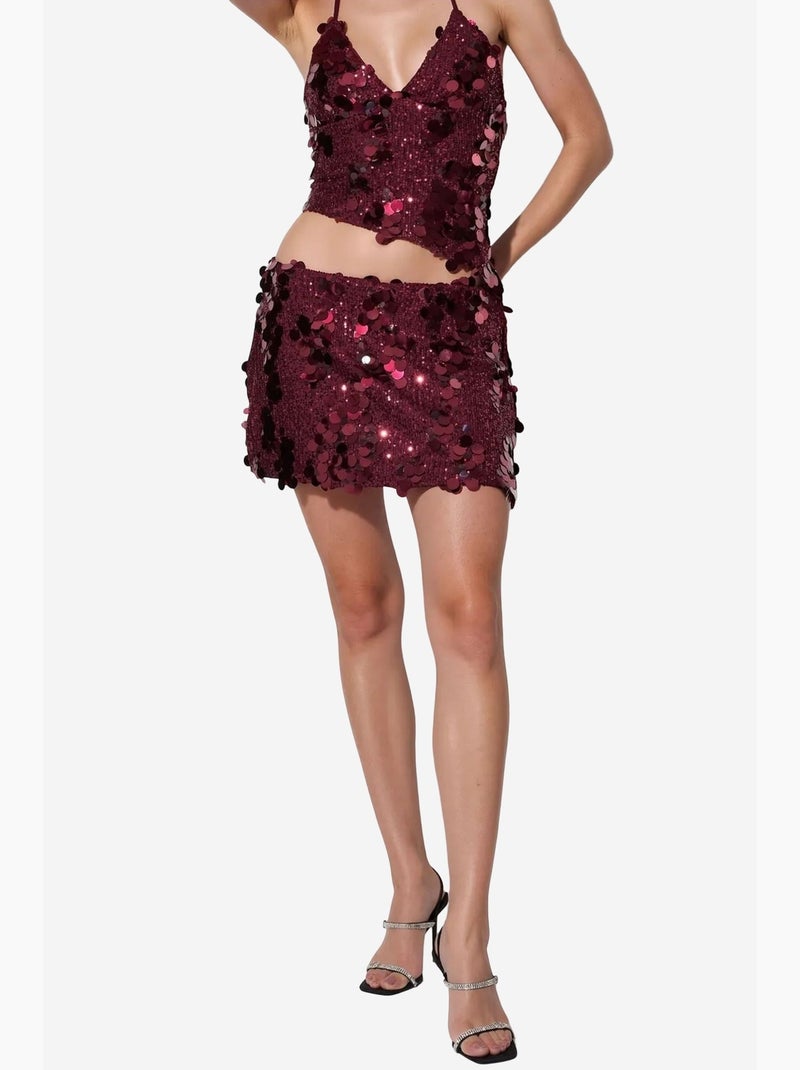 Minigonna da donna a vita alta a trapezio con paillettes busem Rosso bordeaux - Kiabi