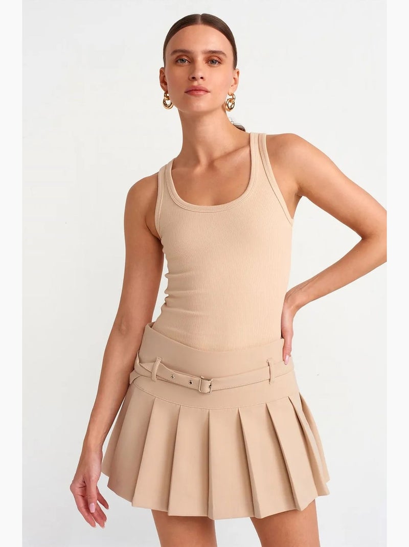 Minigonna plissettata a vita alta con cintura dilvin Beige argilla - Kiabi