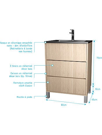 Mobile bagno con piedini, 3 cassetti e lavabo in ceramica