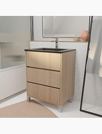 Mobile bagno con piedini, 3 cassetti e lavabo in ceramica