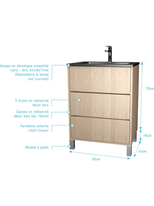 Mobile bagno con piedini, 3 cassetti e lavabo in ceramica - Kiabi Mobile bagno con piedini, 3 cassetti e lavabo in ceramica - Kiabi