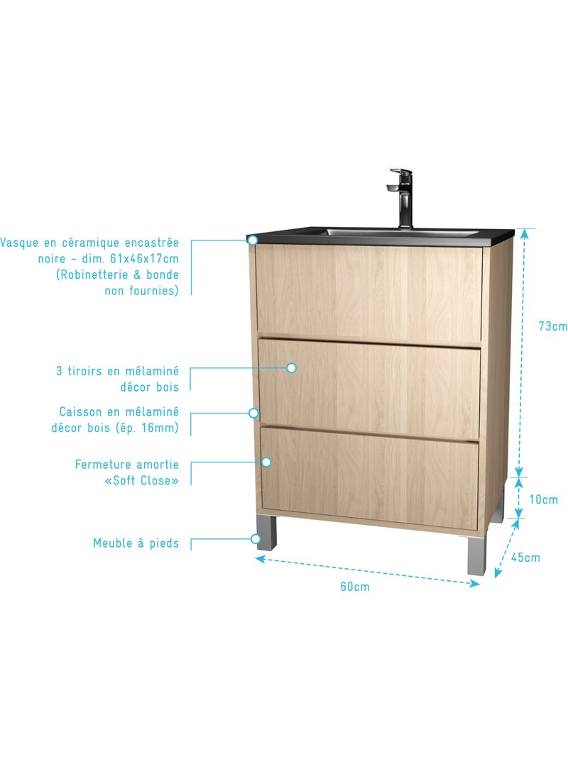 Mobile bagno con piedini, 3 cassetti e lavabo in ceramica Nero - Kiabi