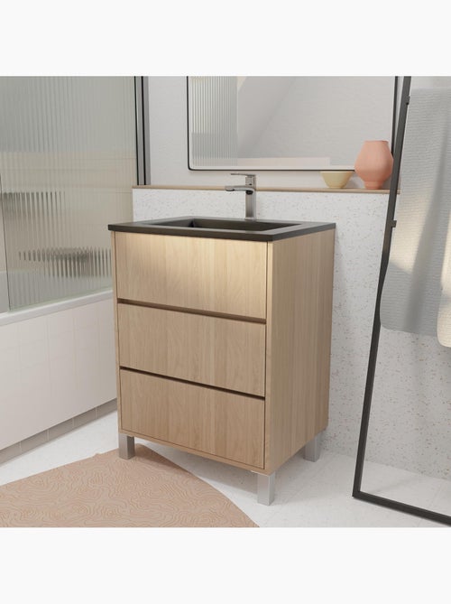 Mobile bagno con piedini, 3 cassetti e lavabo in ceramica - Kiabi Mobile bagno con piedini, 3 cassetti e lavabo in ceramica - Kiabi