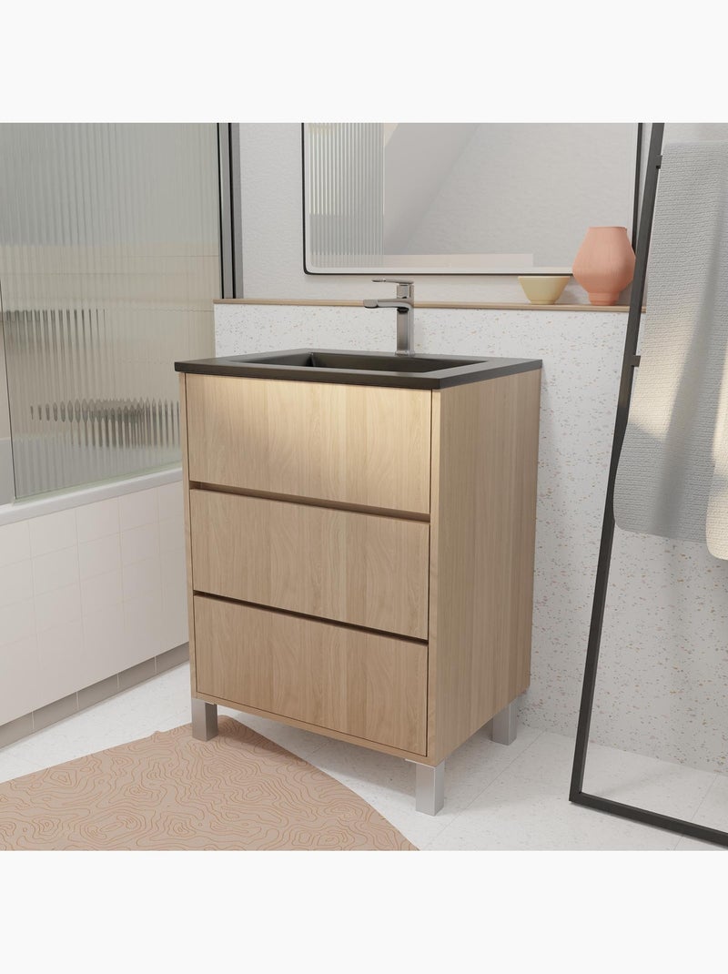 Mobile bagno con piedini, 3 cassetti e lavabo in ceramica Nero - Kiabi