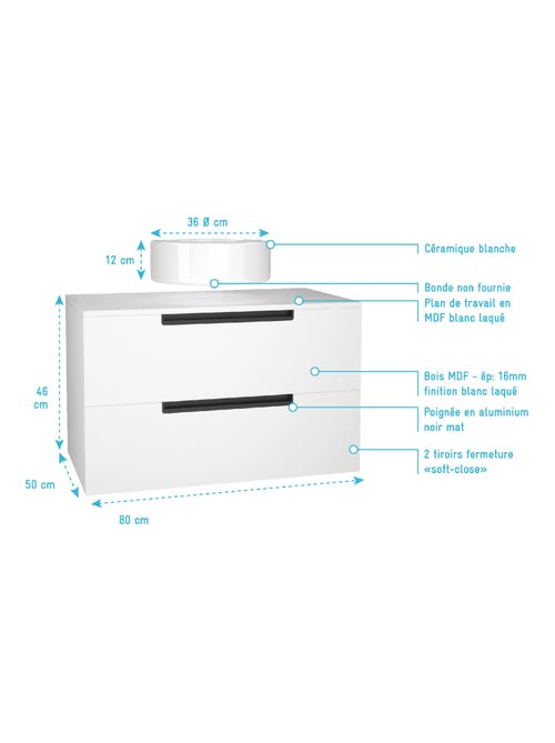 Mobile da bagno con 2 cassetti e 1 lavabo rotondo - Kiabi Mobile da bagno con 2 cassetti e 1 lavabo rotondo - Kiabi