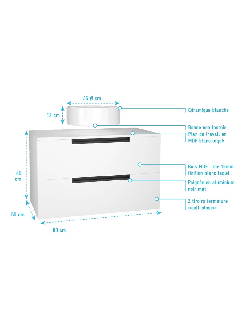 Mobile da bagno con 2 cassetti e 1 lavabo rotondo Bianco - Kiabi