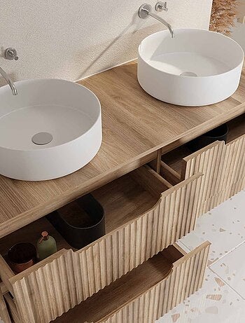 Mobile da bagno doppio lavabo rotondo con frontale ondulato e contenitori integrati