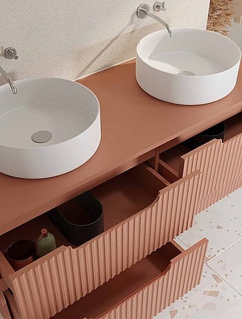 Mobile da bagno doppio lavabo rotondo con frontale ondulato e contenitori integrati