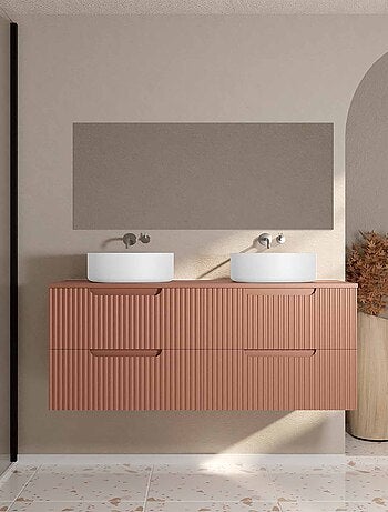 Mobile da bagno doppio lavabo rotondo con frontale ondulato e contenitori integrati