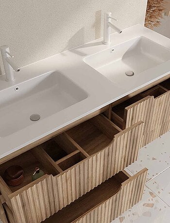 Mobile lavabo doppio con frontale ondulato e ampio spazio di archiviazione