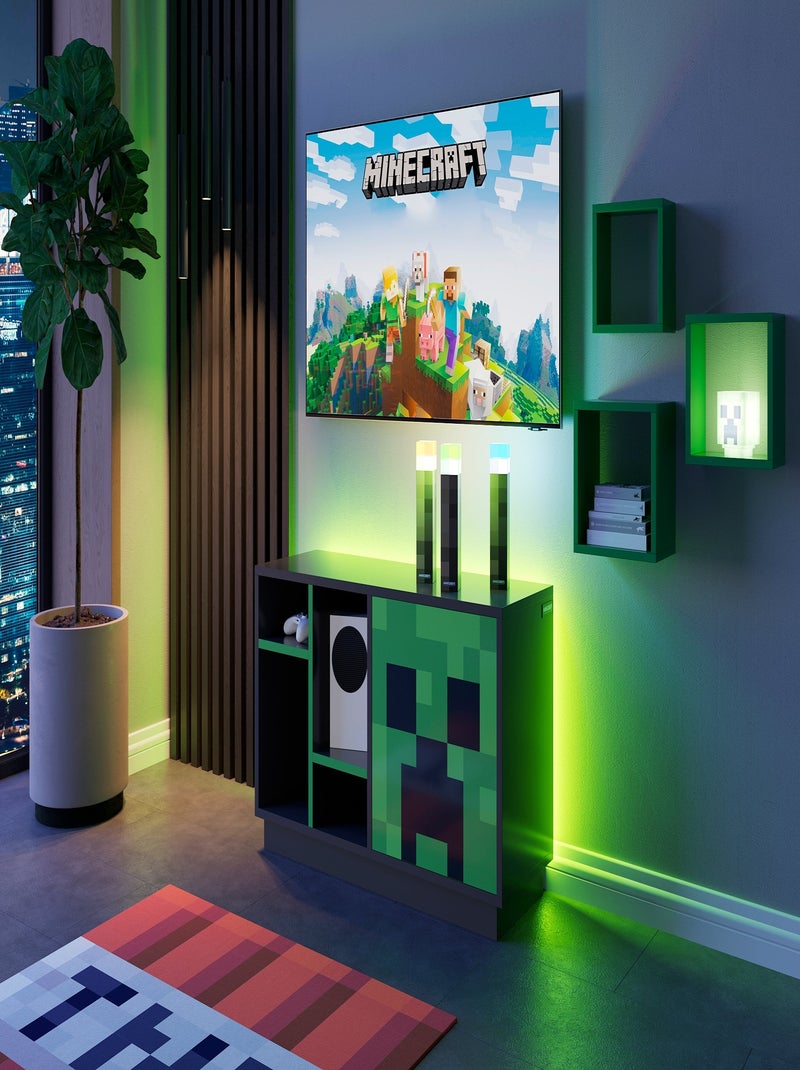Mobile TV basso con LED e passacavi – 4 vani e anta "Roba" – Minecraft Nero Verde - Kiabi
