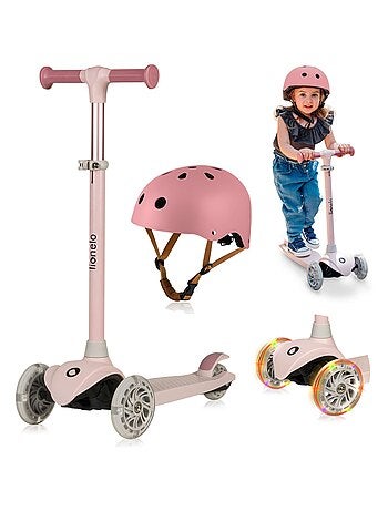 Monopattino per bambini LIONELO Jessy con casco - Ruote luminose - 3 ruote - Altezza regolabile
