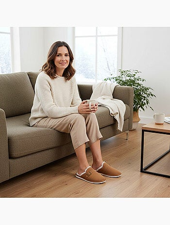 Mules donna camoscio ricamo scandinavo fodera pelliccia ozabi