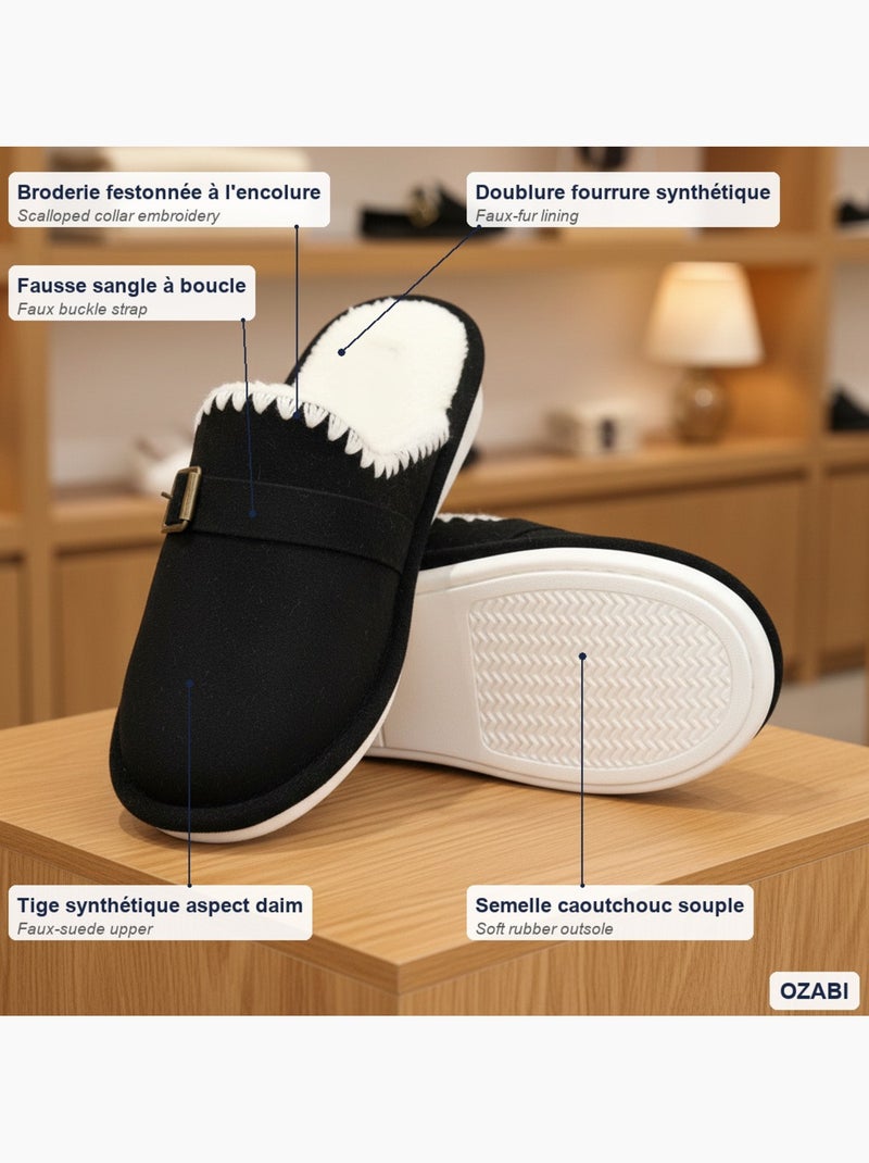 Mules donna camoscio ricamo scandinavo fodera pelliccia ozabi Nero - Kiabi
