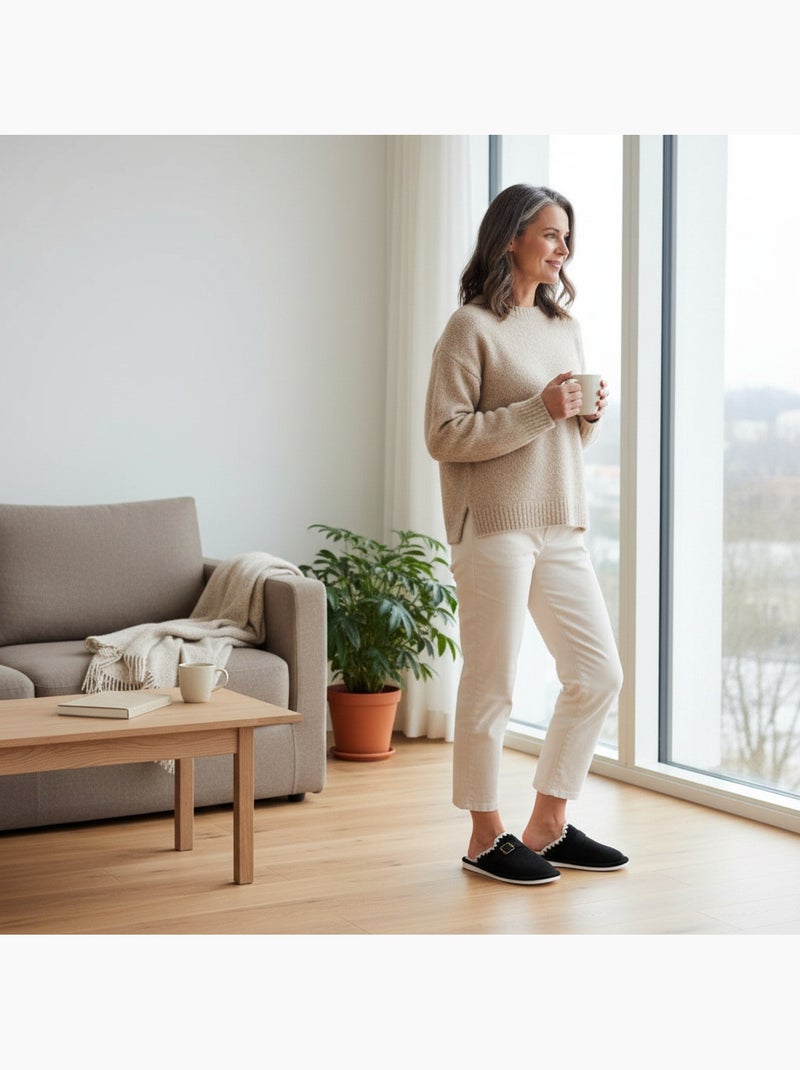 Mules donna camoscio ricamo scandinavo fodera pelliccia ozabi Nero - Kiabi